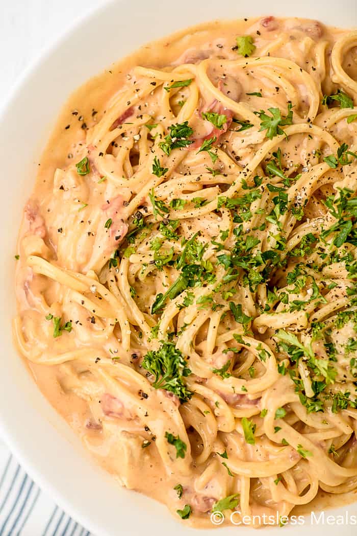 overhead of Chicken Spaghetti garnished with parsley