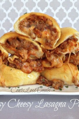 Cheesy lasagna pockets on a plate with parsley and a title