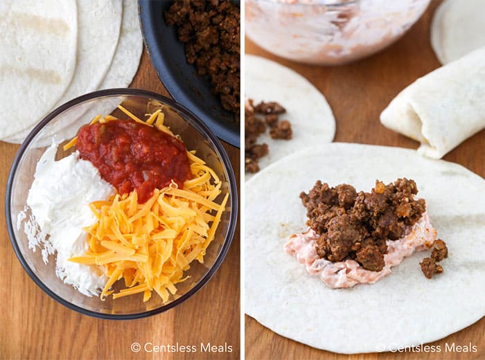 Ingredients for taco pocket mixture in a glass bowl and taco pocket mixture in a tortilla shell with taco meat