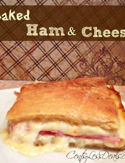 Ham and cheese Crescent bake on a plate with writing