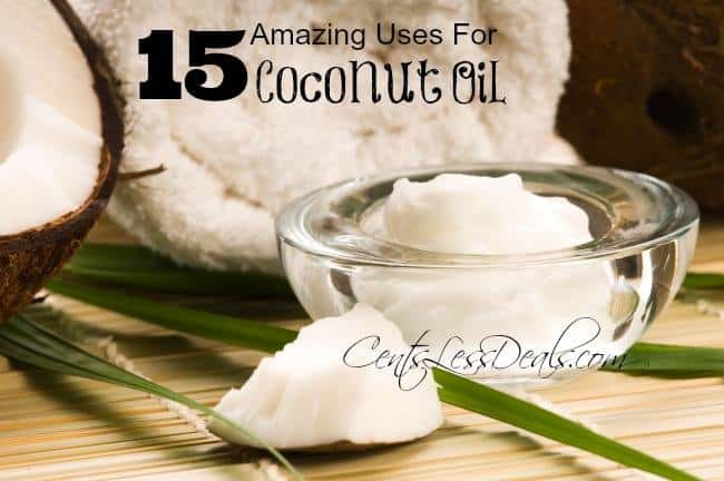 Coconut oil in a glass dish with a title for 15 uses for coconut oil