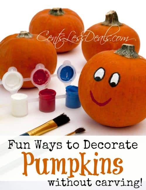Pumpkins with paint and paint brushes and writing for ways to decorate a pumpkin without carving