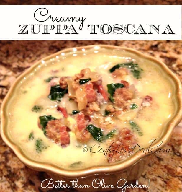 Zuppa Toscana soup in a bowl with a title