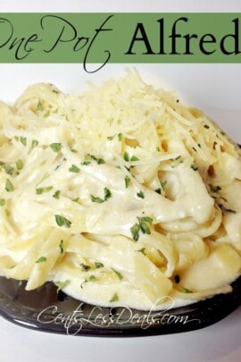 Easy one-pot fettuccine Alfredo on a plate with parsley parmesan cheese and a title