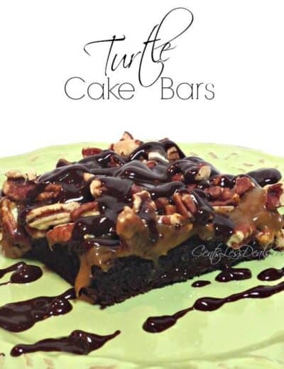 Square of turtle cake bar on a green plate drizzled with chocolate with a title