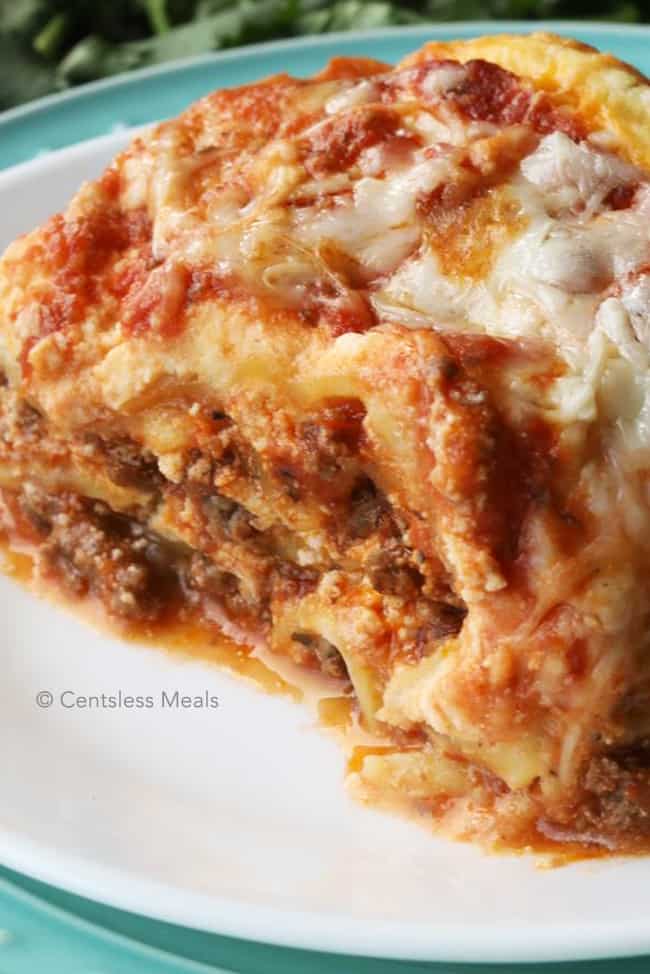 piece of Cheesy Crock-Pot lasagna on a white plate