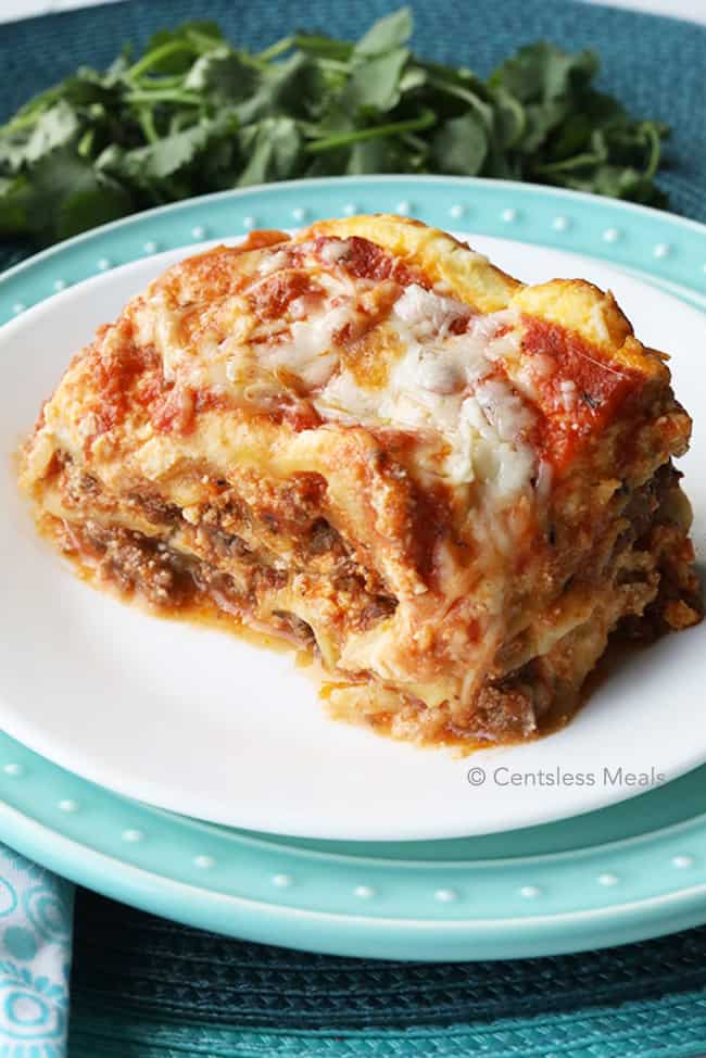 Cheesy Crock-Pot lasagna on a white plate