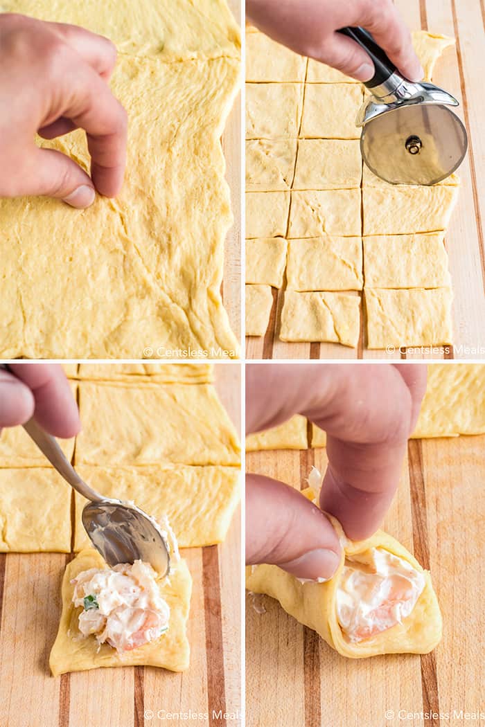 Steps to show how to fill crab and cream cheese filled crescent rolls