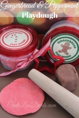Peppermint playdough and gingerbread playdough in jars and on the counter with a rolling pin and a title
