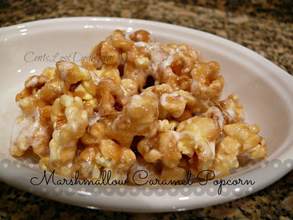 Marshmallow caramel popcorn in a bowl with writing