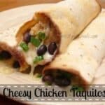 Easy cheesy chicken taquitos on a plate with a title