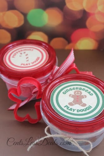 Peppermint playdough and gingerbread playdough in jars with ribbon and labels