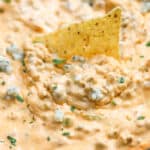 Buffalo sausage dip with a tortilla chip