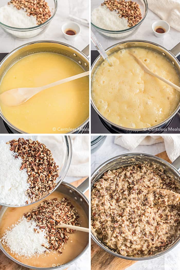 Ingredients for coconut pecan cookies in a pot