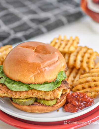 Copycat Chick-Fil-A Sandwich with waffle fries and ketchup