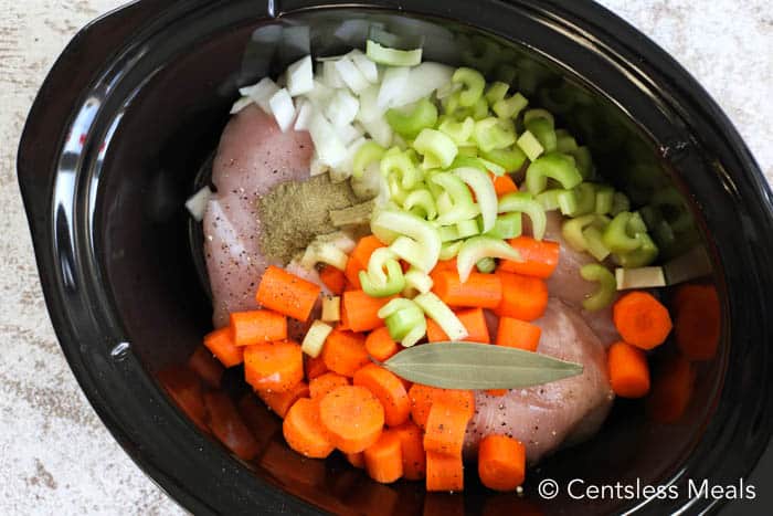 Ingredients for Crock-Pot chicken noodle soup in a black Crock-Pot
