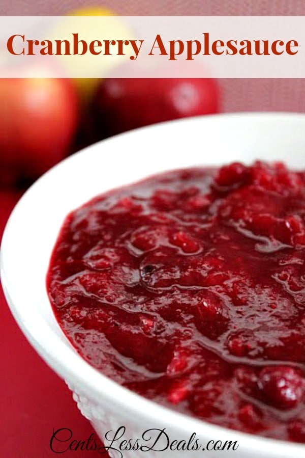 Cranberry applesauce in a white bowl with a title