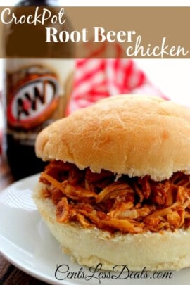 Crock-Pot root beer chicken on a bun with a root beer in the background and a title