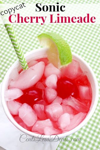 Copycat Sonic cherry limeade in a glass with a lime wedge and ice with a title