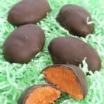 Homemade Butterfinger eggs with one open to show the inside and a title