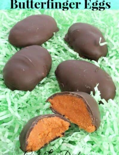 Homemade Butterfinger eggs with one open to show the inside and a title