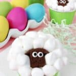 Sheep cupcakes with colorful eggs on the side