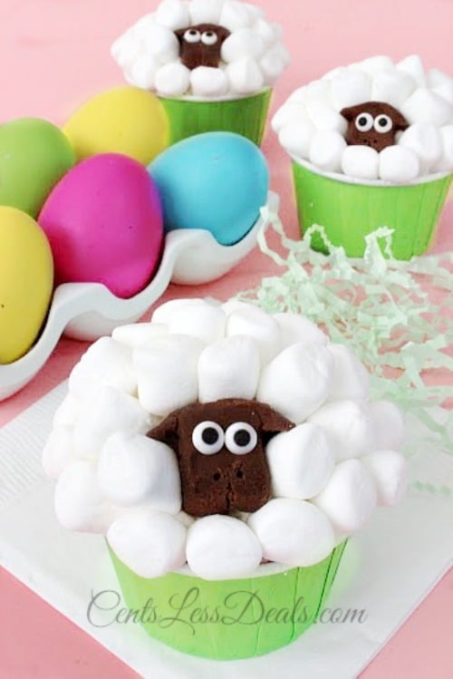 Sheep cupcakes with colorful eggs on the side
