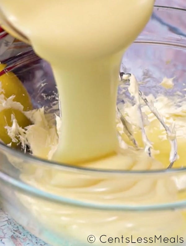 Creamy lemon pie ingredients in a glass bowl