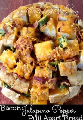 Bacon jalapeno popper pull-apart bread on a wooden board with a title
