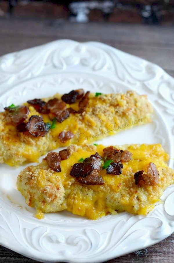 parmesan crusted chicken with bacon on a white plate