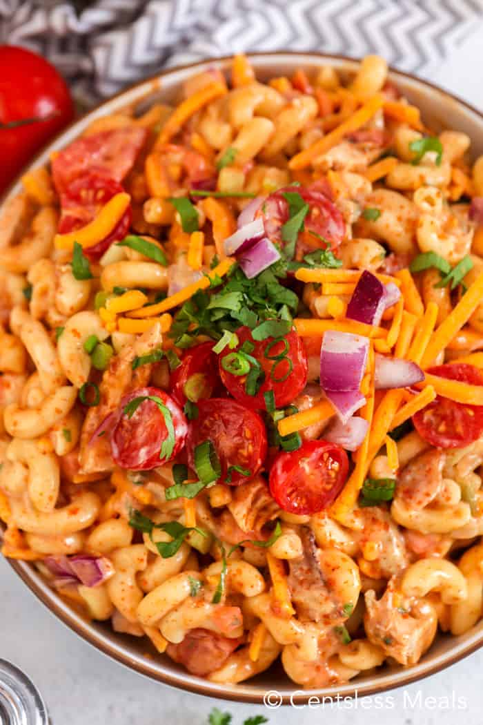 Barbecue chicken macaroni salad in a bowl