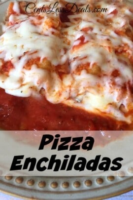 Pizza Enchiladas on a plate with a title