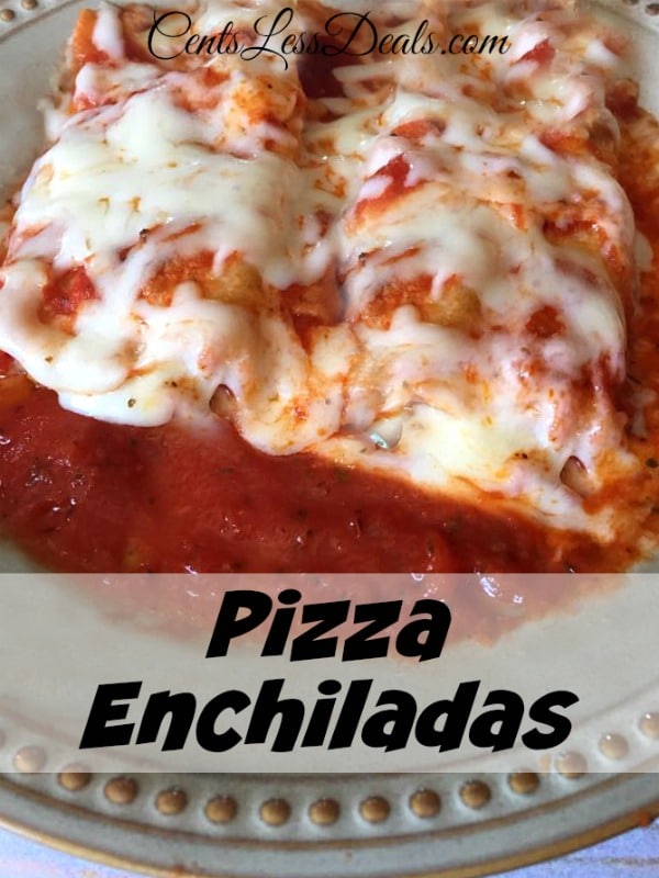 Pizza Enchiladas on a plate with a title