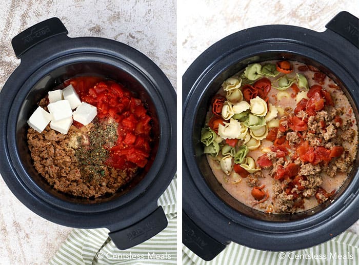 Ingredients for creamy tomato tortellini soup in a crock pot with and without tortellini and broth