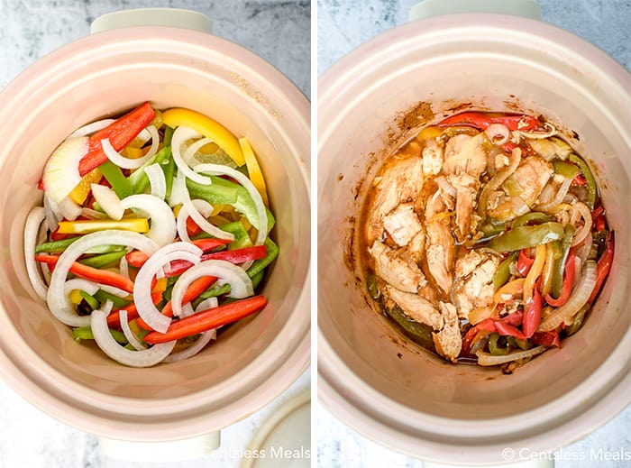 Raw veggies in a crock pot and Crock-Pot chicken fajitas in a crock pot