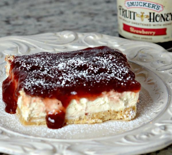 Piece of No Bake Strawberry Cheesecake on a plate