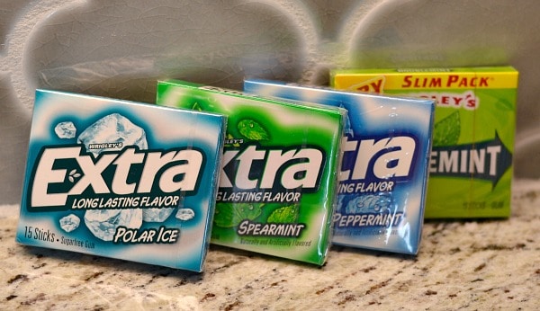 Packages of gum on a countertop