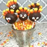 Thanksgiving turkey Pops in a dish with candy corn