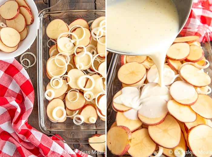 Slices of potatoes and onions in a casserole dish with sauce being poured on