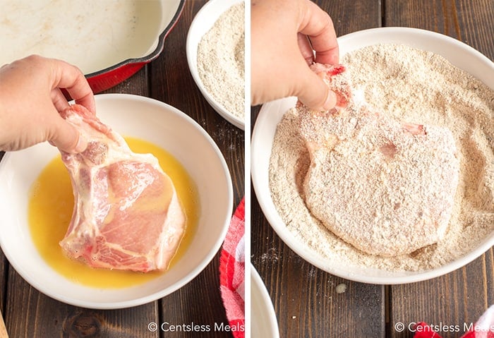 Pork chop being dipped in egg and bread crumb mixture