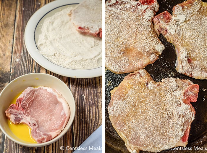 steps to bread chops for Pork Chops with Mushroom Gravy