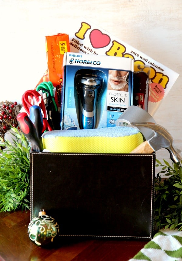 Basket filled with stocking stuffer and gift ideas for men