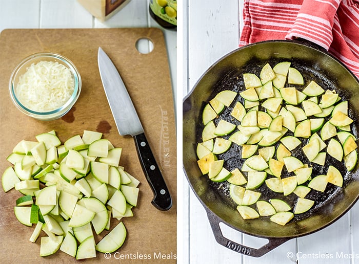 Raw zucchini on a wooden board with a knife and parmesan cheese and cooked zucchini in a pan
