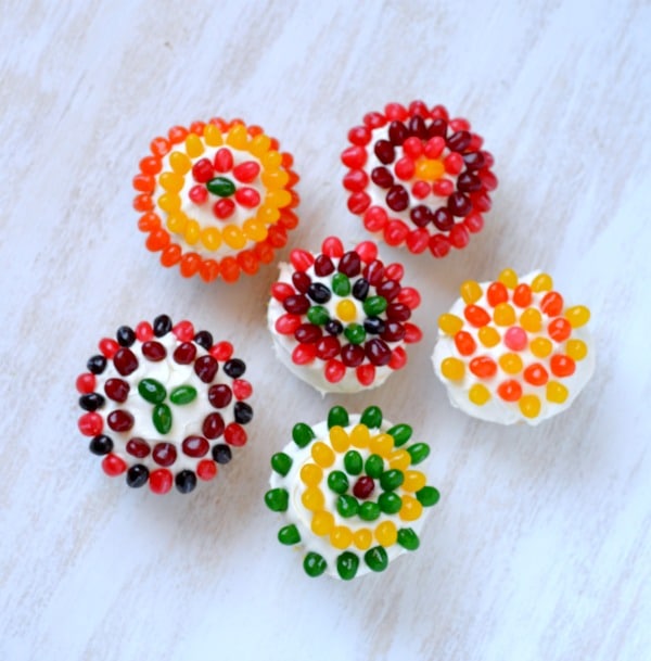 Jelly bean flour cupcakes on a marble board