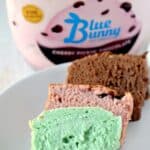 Blue Bunny Ice Cream bread on a plate with Blue Bunny Ice Cream in the background