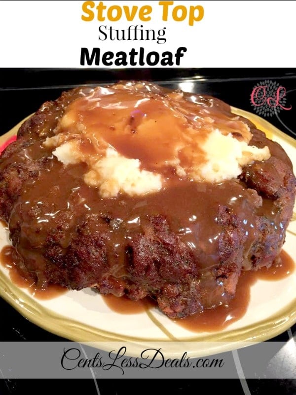 Stove top meatloaf on a plate with mashed potatoes and gravy with a title