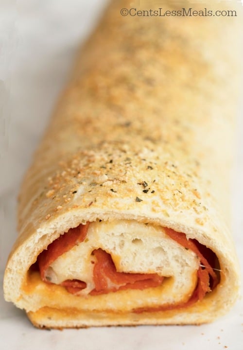 Pepperoni roll cut to show the inside