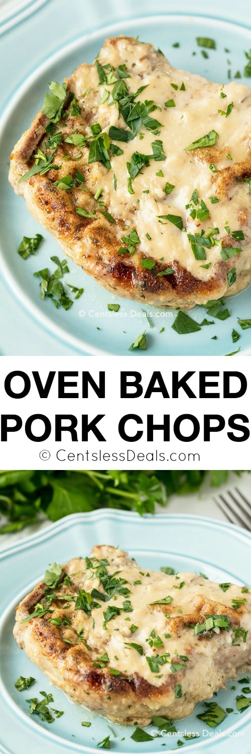 Oven baked pork chops on a plate with parsley and a title