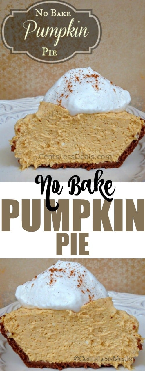 No bake pumpkin pie on a plate with whipped cream and a title