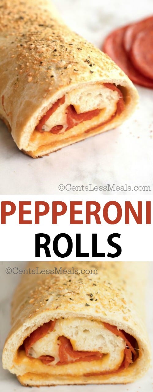Pepperoni rolls on a marble board with writing